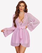 Lavender mesh robe with lace sleeves and lace-trim bralette, matching panties
