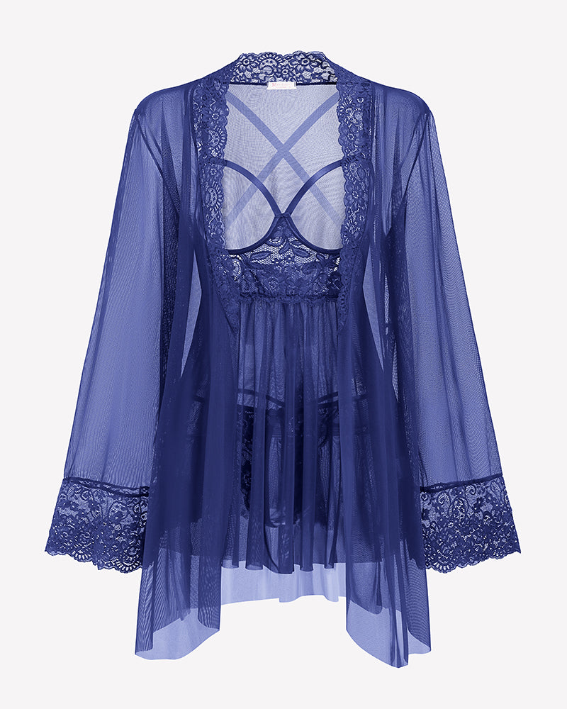 Navy blue sheer mesh robe back view with lace hem, showing lace lingerie