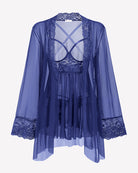 Navy blue sheer mesh robe back view with lace hem, showing lace lingerie