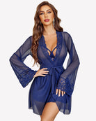 Navy blue mesh robe with lace trim and tie waist over babydoll lingerie