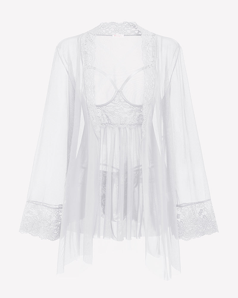 White mesh cupless babydoll robe with lace trim and sheer long sleeves