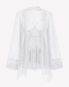 White mesh cupless babydoll robe with lace trim and sheer long sleeves