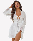 White mesh robe with lace trim and tie waist over lace-trim babydoll