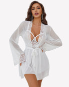 White mesh babydoll with lace cups and tied waist, sheer long robe sleeves
