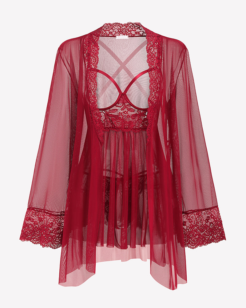 Wine red lace-trimmed mesh robe with open back and long bell sleeves