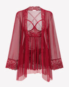 Wine red lace-trimmed mesh robe with open back and long bell sleeves