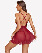 Wine red mesh babydoll with lace back straps and flared skirt