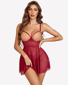 Wine red mesh babydoll with lace balconette cups and tie waist
