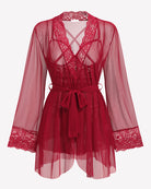 Wine red mesh robe with lace V-back, long sleeves and tied waist