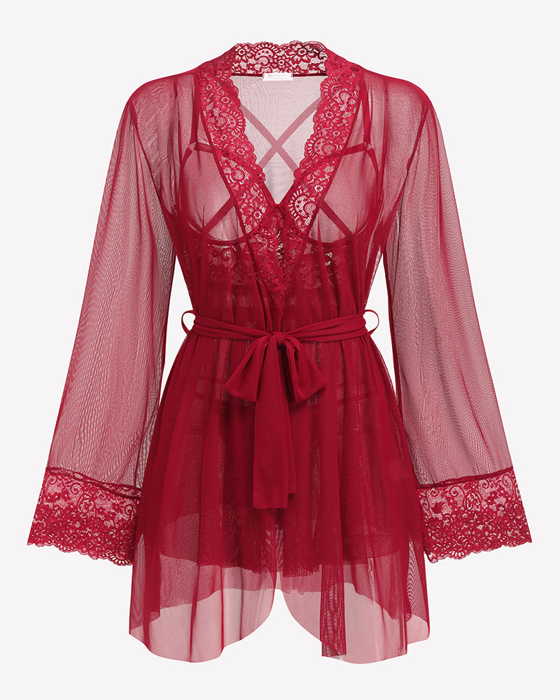Wine red mesh robe with lace V-back, long sleeves and tied waist