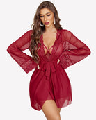 Wine red sheer babydoll with lace cups, V-neck, long mesh sleeves and belt