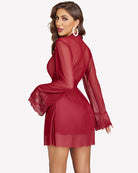 Wine red sheer robe with lace cuffs and flared sleeves, open back