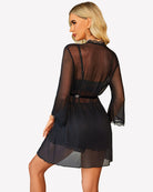 Black sheer mesh robe over lace lingerie set, back view