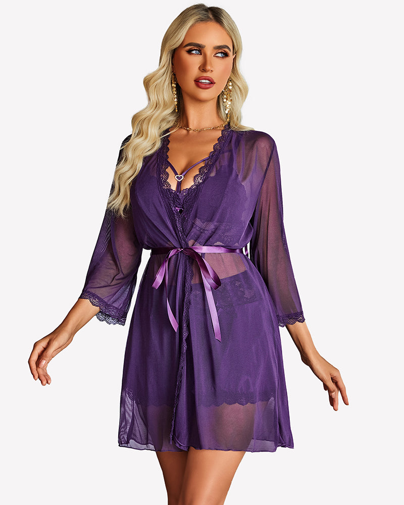 Purple lace lingerie set with tie-belt sheer mesh robe, front view