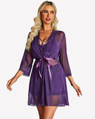 Purple lace lingerie set with tie-belt sheer mesh robe, front view