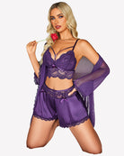 Purple lace bralette with sheer robe and satin shorts, tied bow details