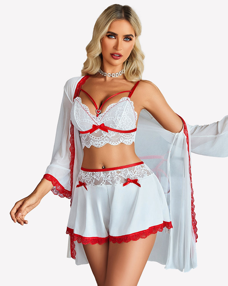White lace bralette and satin shorts set with sheer robe, red trim bow