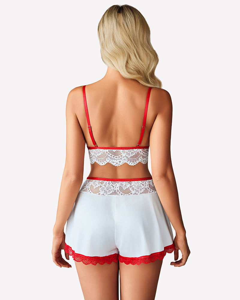 White lace bralette and satin shorts set with sheer robe, back view and red trim