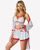 White lace balconette bra and satin shorts set with sheer mesh robe, red trim