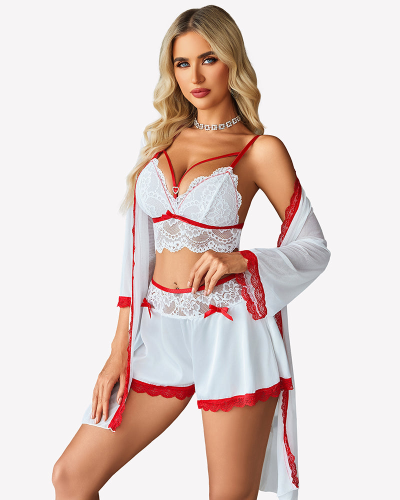White lace balconette bra and satin shorts set with sheer mesh robe, red trim