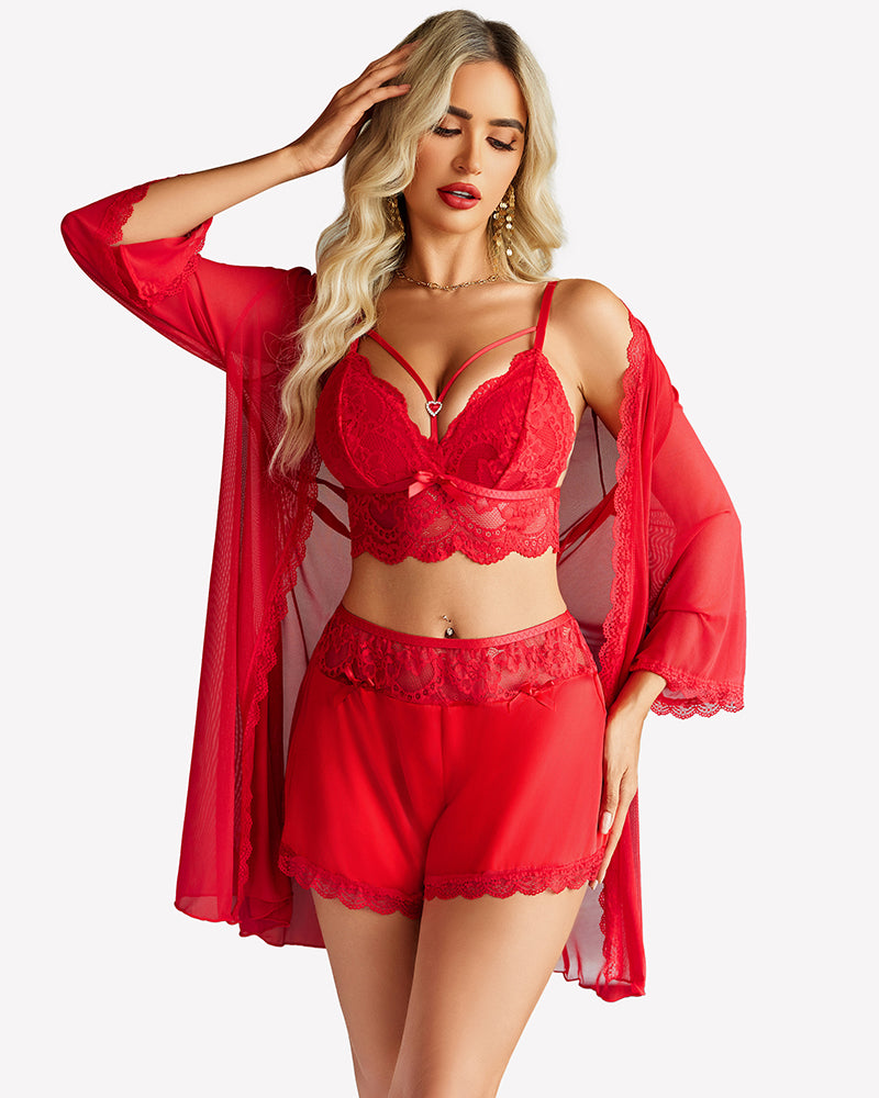 Red lace bra, satin shorts, and mesh robe with lace trim, front view