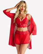 Red lace bra, satin shorts, and mesh robe with lace trim, front view