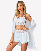 White lace bralette and satin shorts set with sheer mesh robe