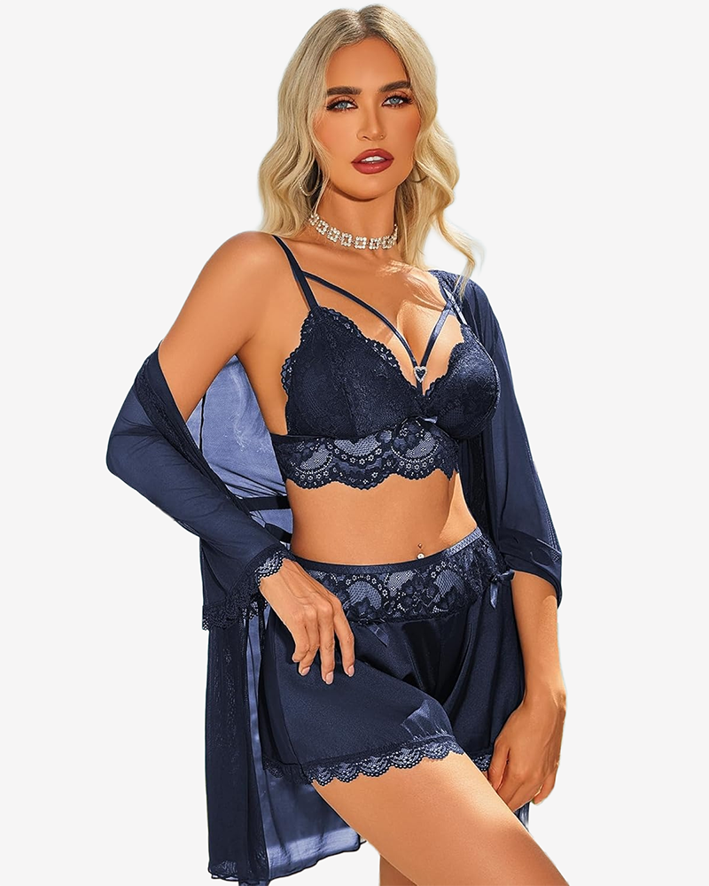 Navy lace balconette bra and satin shorts set with sheer mesh robe