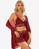Wine red lace balconette bra and satin shorts set with sheer mesh robe