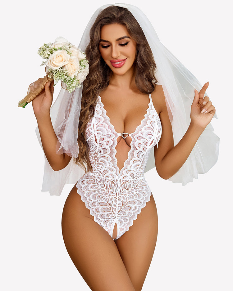 White lace deep V racerback backless teddy bodysuit with heart keyhole, high-cut bottom