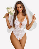 White lace deep V racerback backless teddy bodysuit with heart keyhole, high-cut bottom