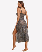 Leopard print sheer mesh lace dress with thong set, lace trim V-neck, side slit
