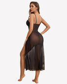 Black sheer lace dress with thong set, open back, long overlay skirt, side slit