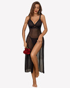 Black sheer mesh lace dress with thong set, scalloped V-neck, draped hem
