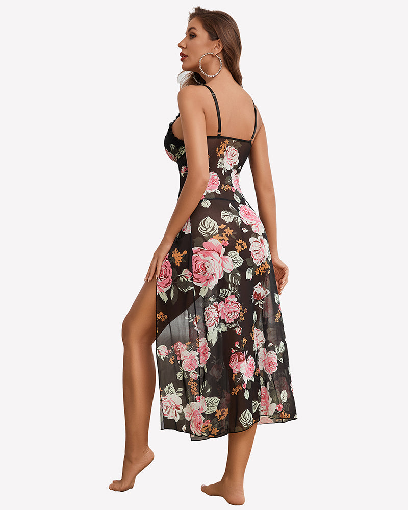Black floral sheer mesh lace dress with thong set, rose print, open back straps
