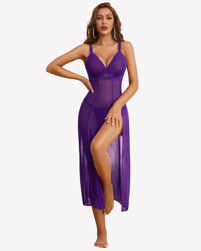 Purple mesh lace split dress with thong, scalloped lace cups and thigh-high side slit