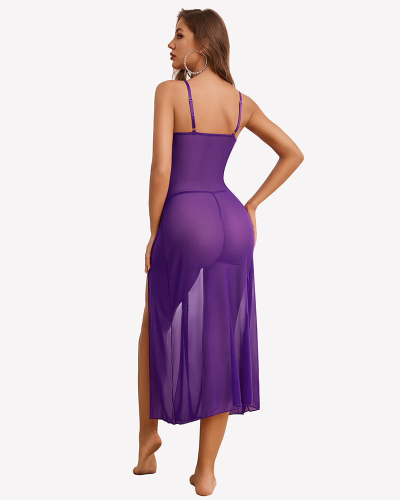Purple sheer mesh split dress with thong, open back view and draped side slit