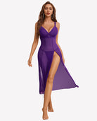 Purple mesh lace split dress with thong set, lace bra cups and high side slit