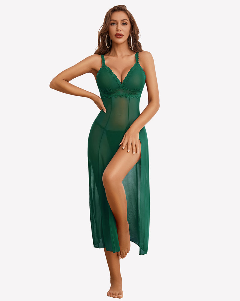 Green mesh lace split dress with thong set, scalloped lace cups and high side slit