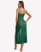 Green sheer mesh split dress with thong, open back and side slit