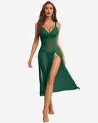 Green mesh lace split dress with thong, lace trim cups and high side slit