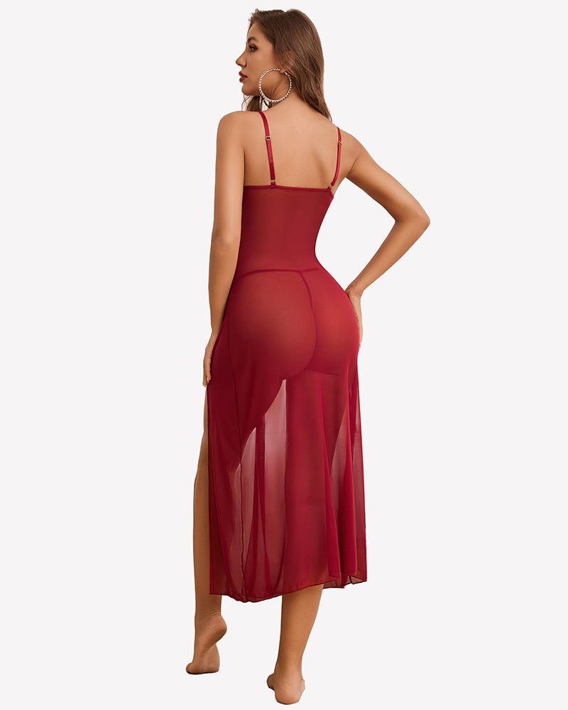 Wine red sheer mesh lace dress with thong, open back straps, side slit