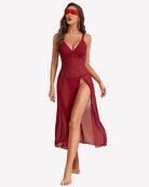 Wine red split mesh lace floral dress with matching thong, V-neck, sheer side slit