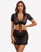 Black nurse cosplay tie-front mesh crop top and mini skirt set with red cross pins