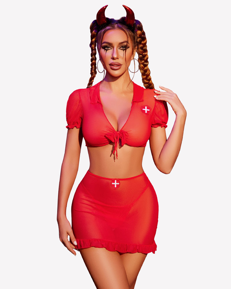Red nurse cosplay tie-front mesh crop top and mini skirt set with cross logo