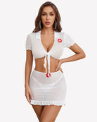 White nurse cosplay tie-front mesh crop top and mini skirt set with red cross accents