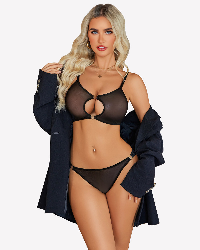 Mesh cut-out bra & thong set in black sheer with front ring cut-out detail