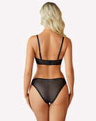 Mesh cut-out bra & thong set in black sheer, back view with strap placement