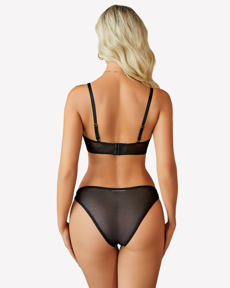 Mesh cut-out bra & thong set in black sheer, back view with strap placement