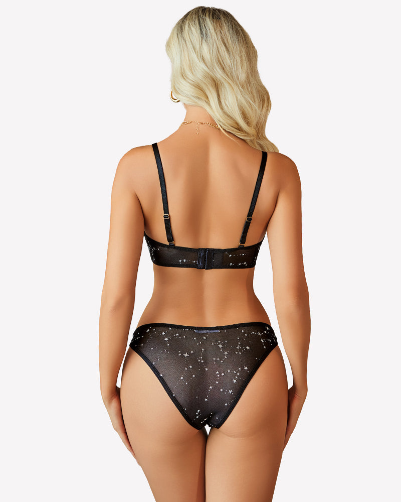 Mesh cut-out bra and panty set, black star print back view